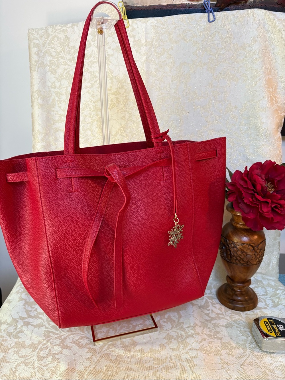 Elizabeth Arden Red Pebbled Tote with Decorative Charm